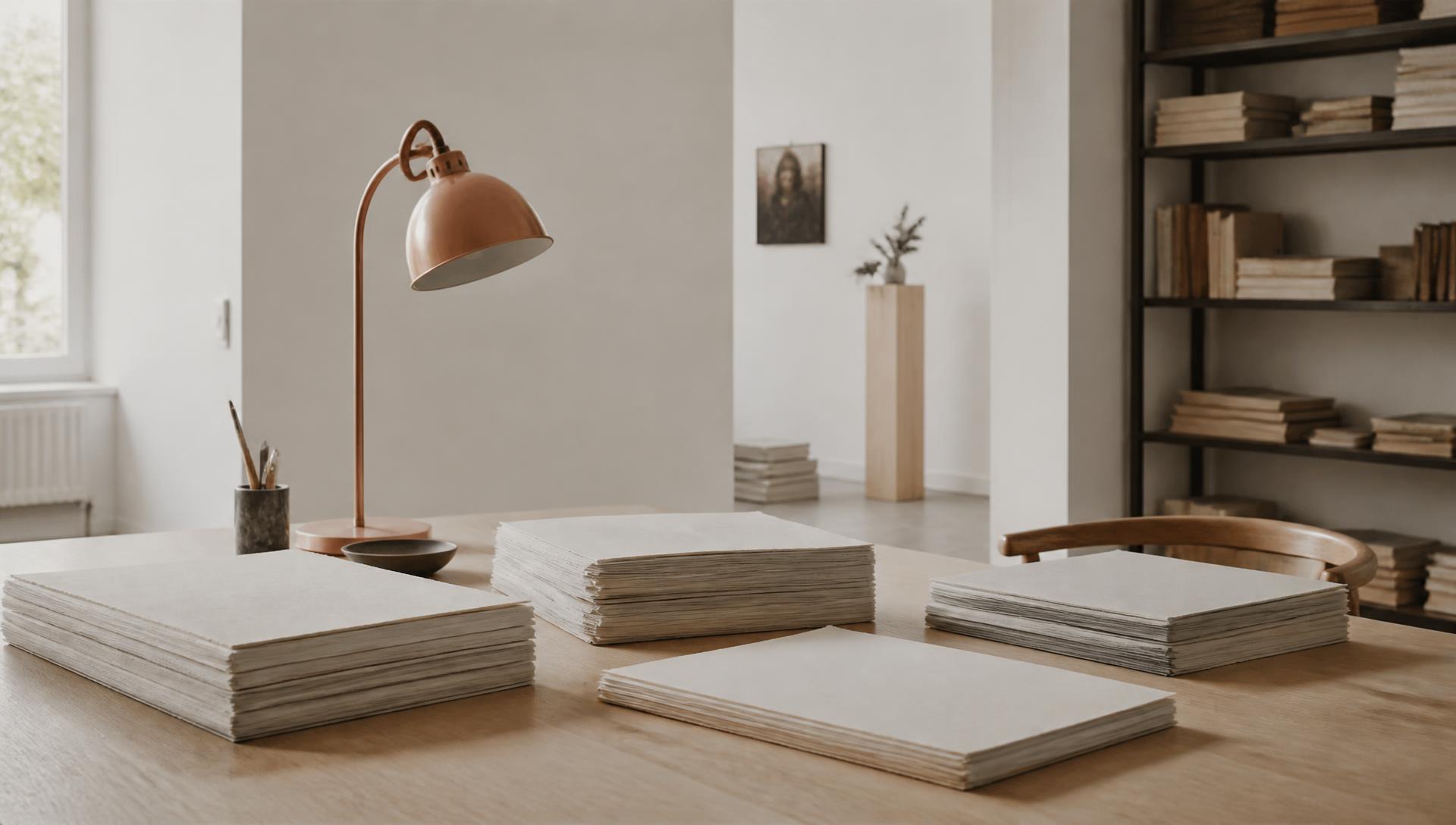 Atelier éditorial, manuscrits posés sur une table en bois clair