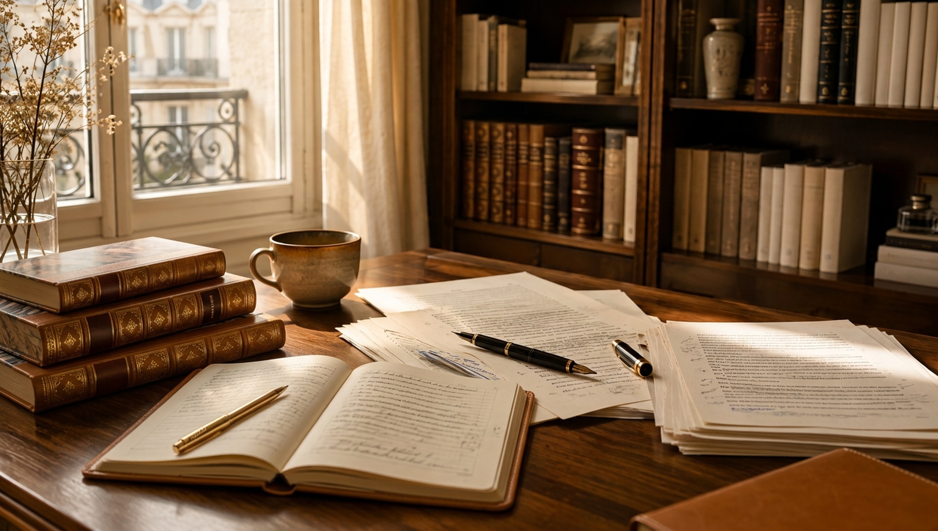 Table de travail éditoriale avec manuscrits et lampe cuivre
